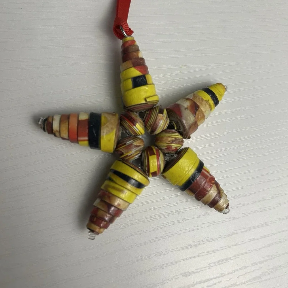 Recycled Paper Cardboard Bead Handmade Star Ornament Yellow, Red, Black